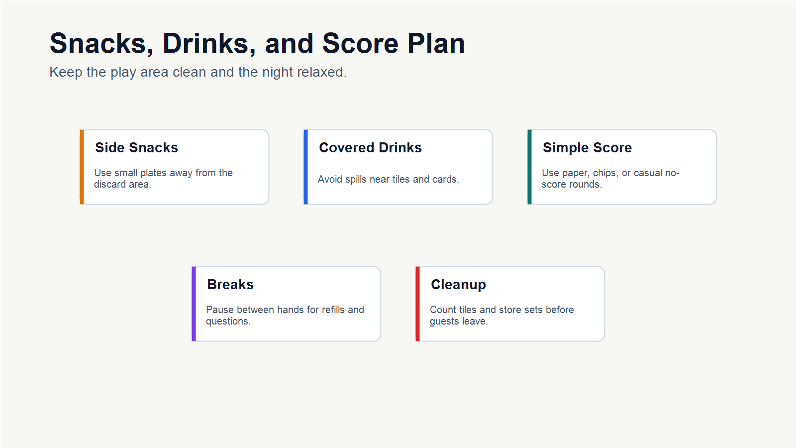 Mahjong game night snacks drinks and score sheet setup