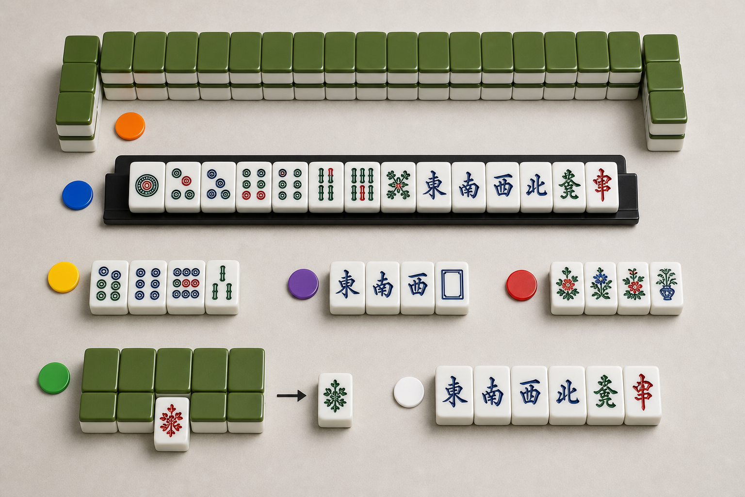 Visual examples of an American Mahjong wall rack exposure winds dragons and flowers