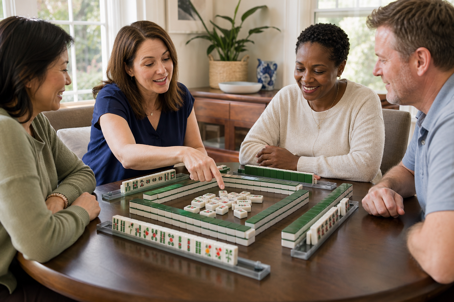 New players learning common American Mahjong terms around a game table