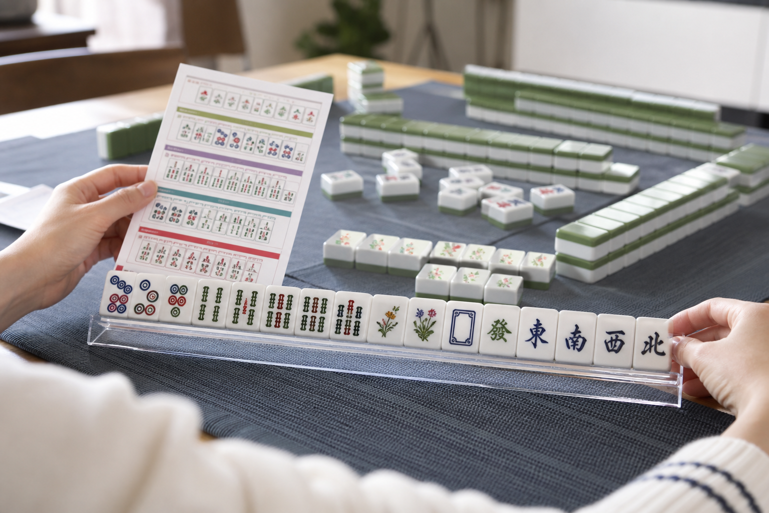 Beginner comparing American Mahjong hand options with a sorted tile rack