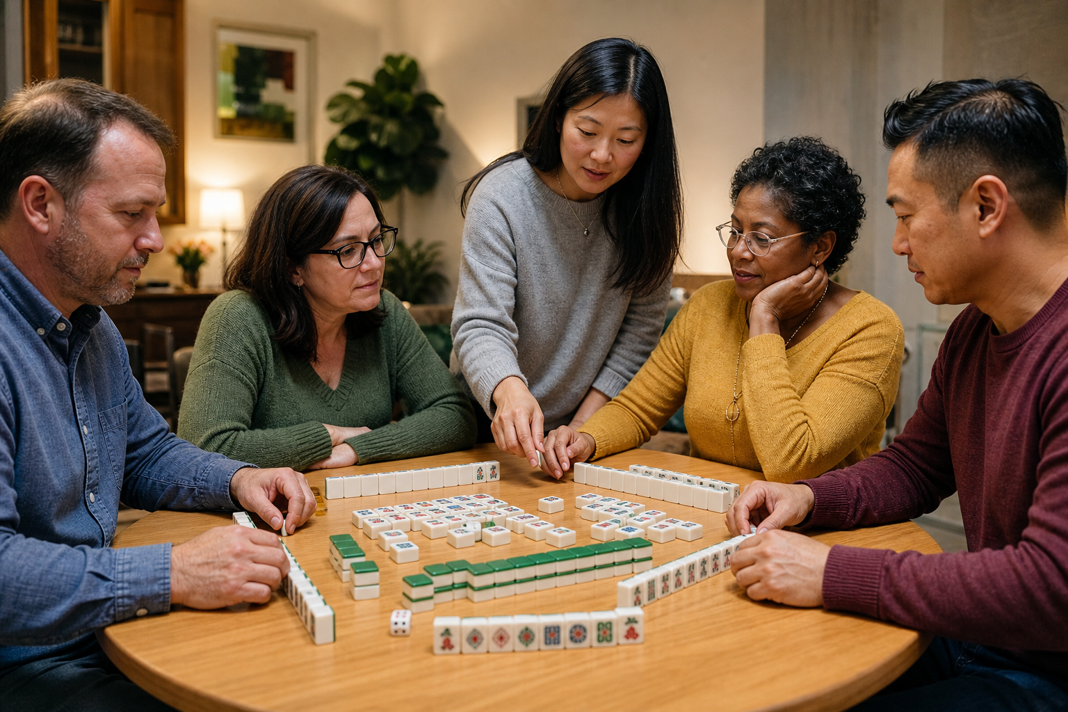 American beginners taking a practical Mahjong lesson together