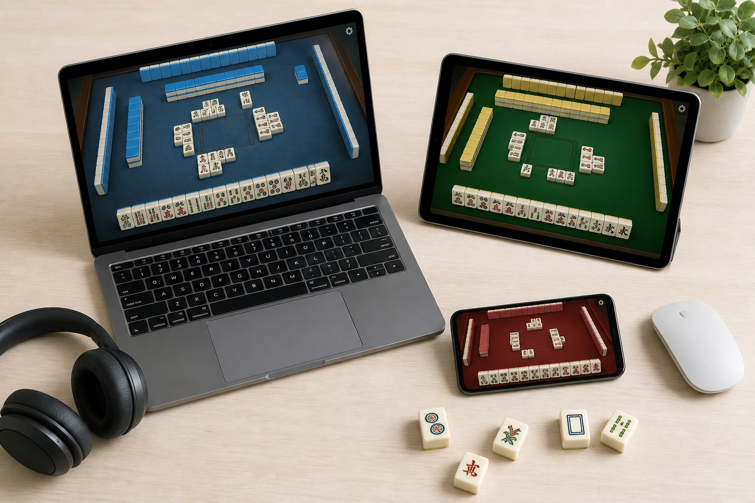 Laptop tablet and phone displaying generic online American Mahjong tables