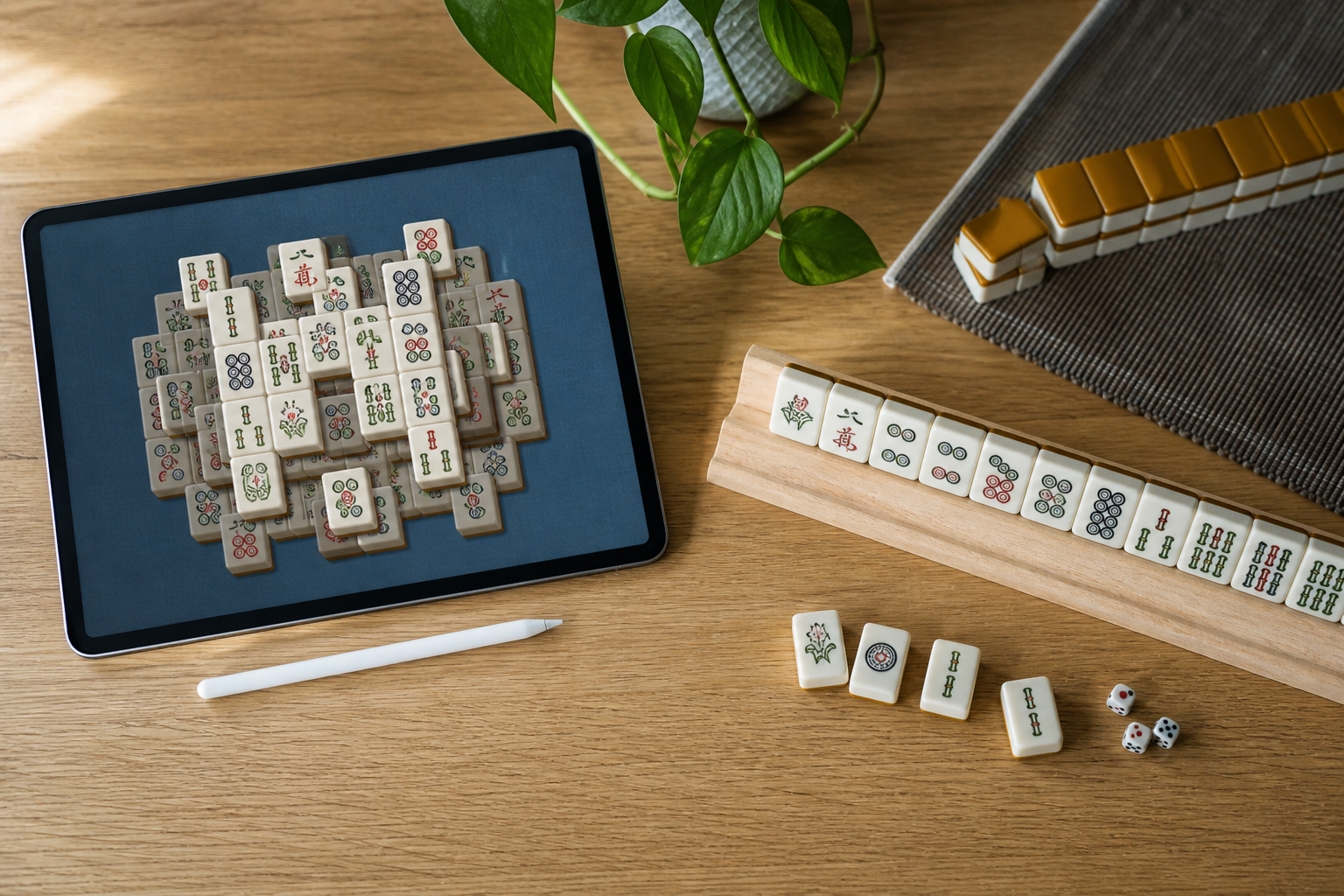 Digital Mahjong Solitaire beside a real Mahjong tile rack