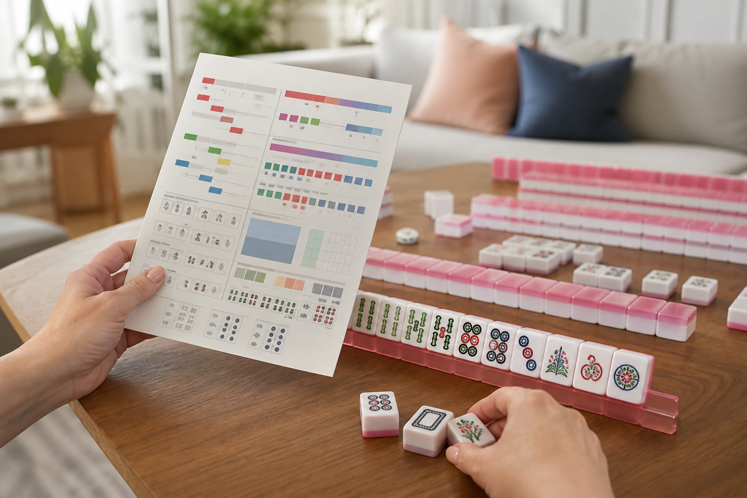 Beginner learning how to read the NMJL card with American Mahjong tiles