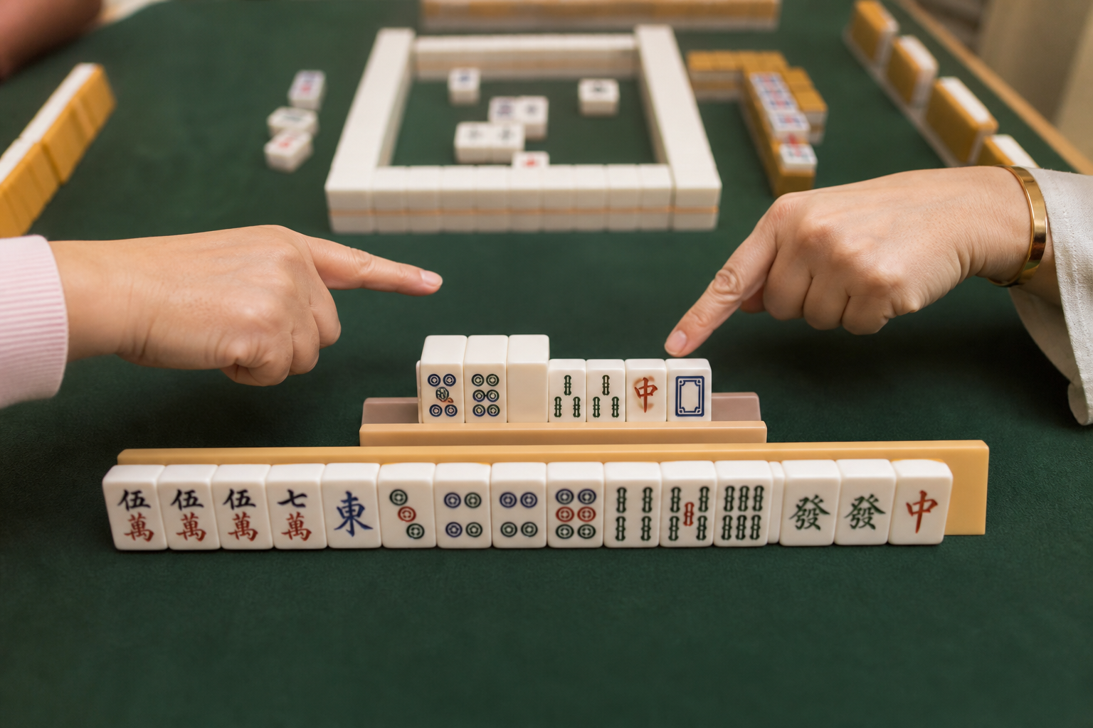 Players reviewing an invalid exposure that could create a dead hand in American Mahjong