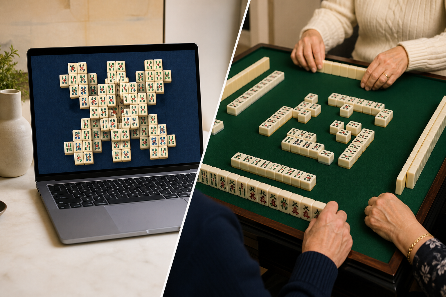 Mahjong Solitaire compared with a real four-player Mahjong game