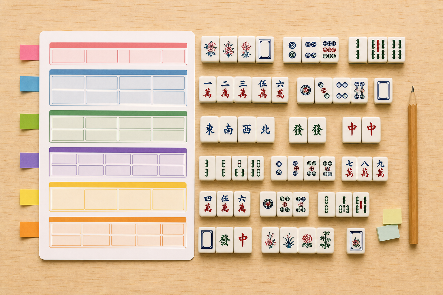 Generic American Mahjong hand patterns arranged beside a color-coded reference card