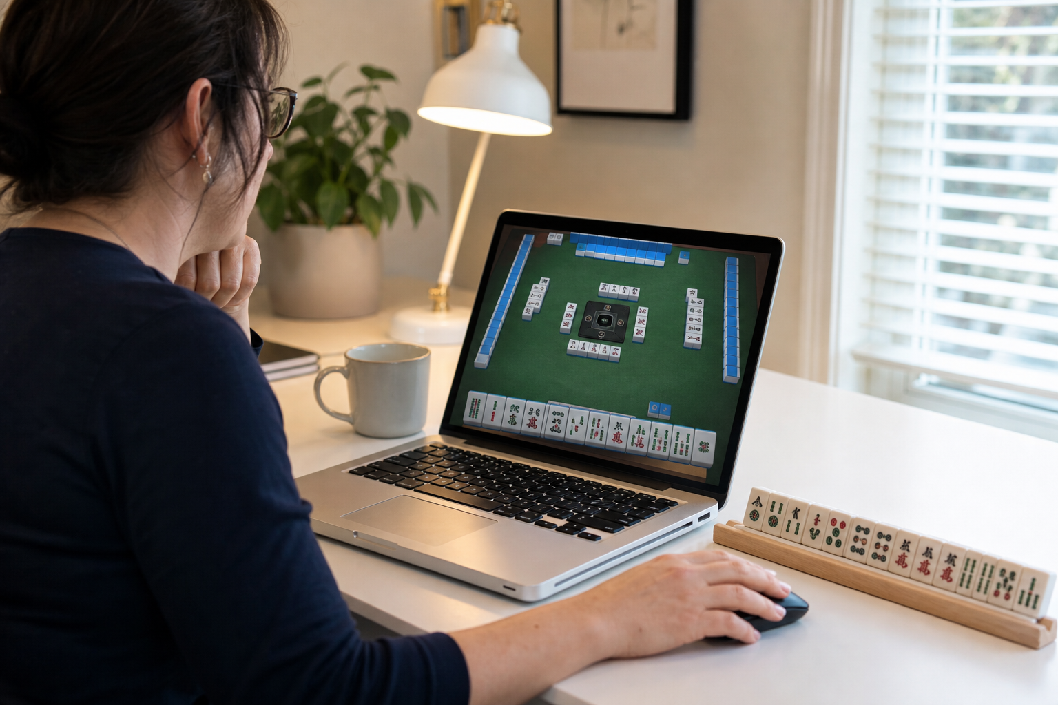 Beginner playing American Mahjong online on a laptop at home