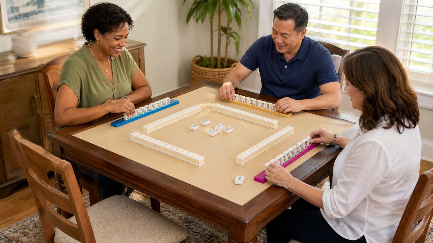 Three friends playing American Mahjong with an empty fourth seat