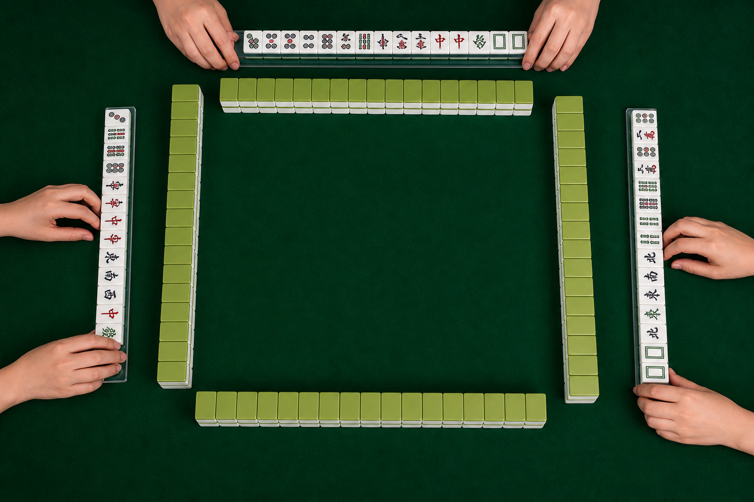 Overhead three-player American Mahjong table setup with four walls