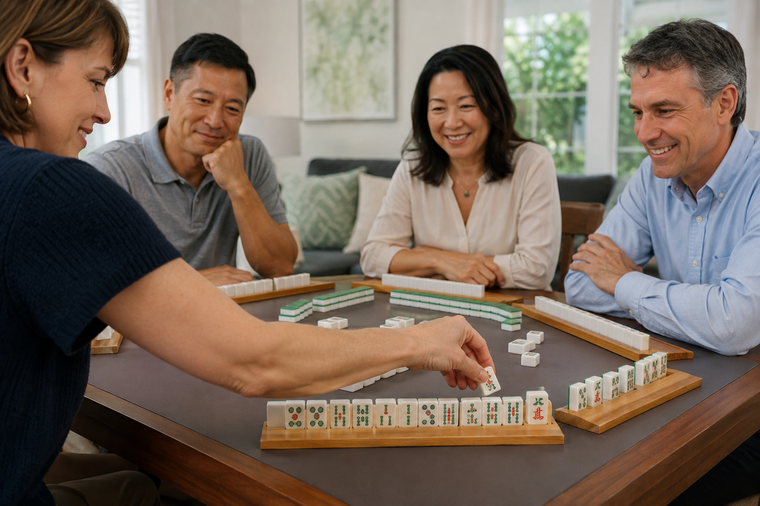 American Mahjong player placing a drawn tile on the rack