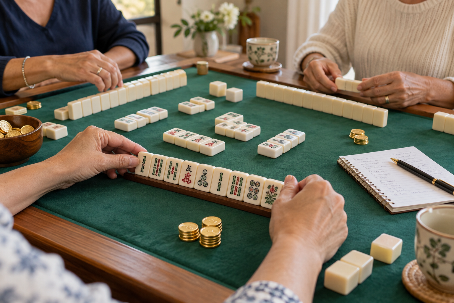 American Mahjong scoring guide with tiles and payment tokens