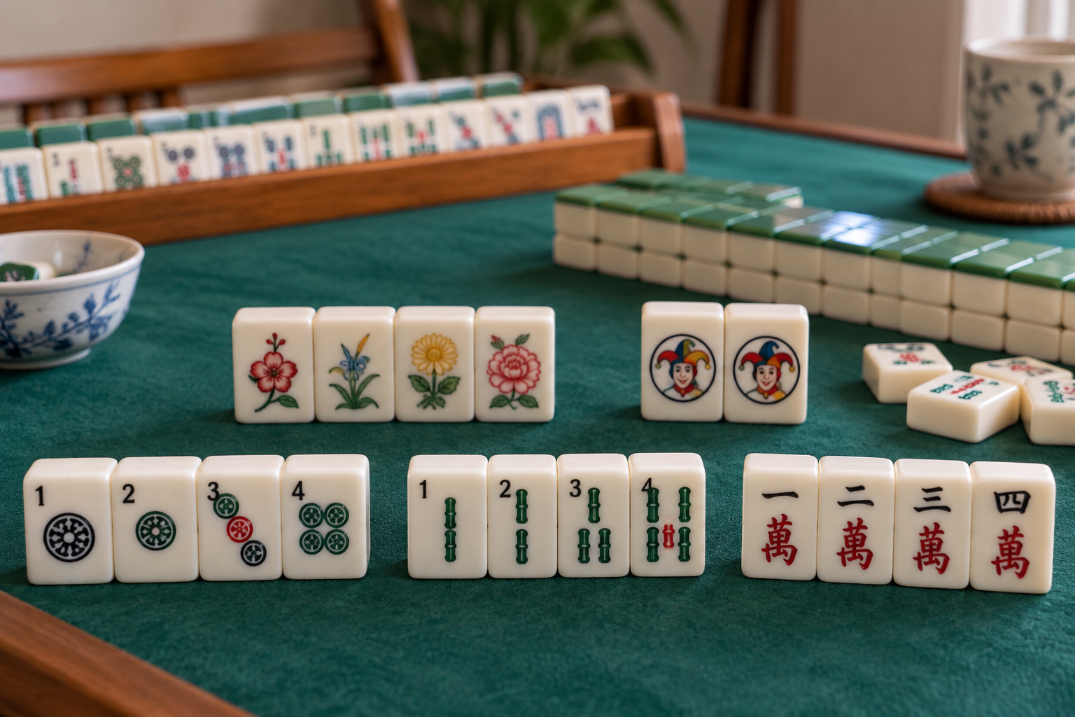 American Mahjong set showing Jokers Flowers and suited tiles