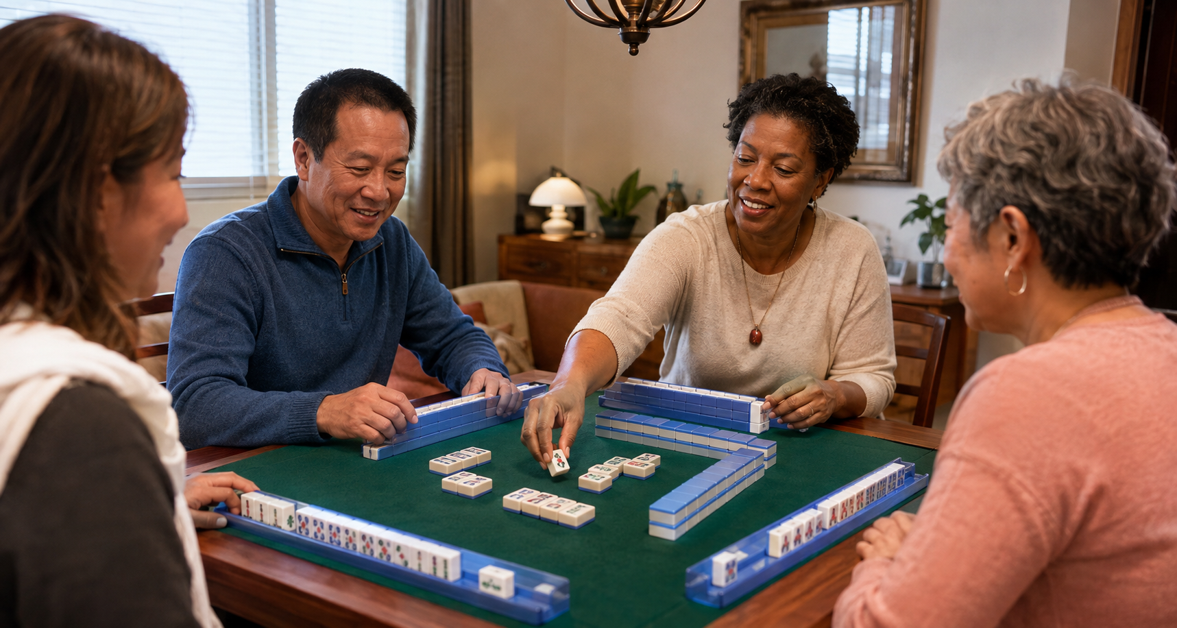 Four players practicing friendly American Mahjong table etiquette