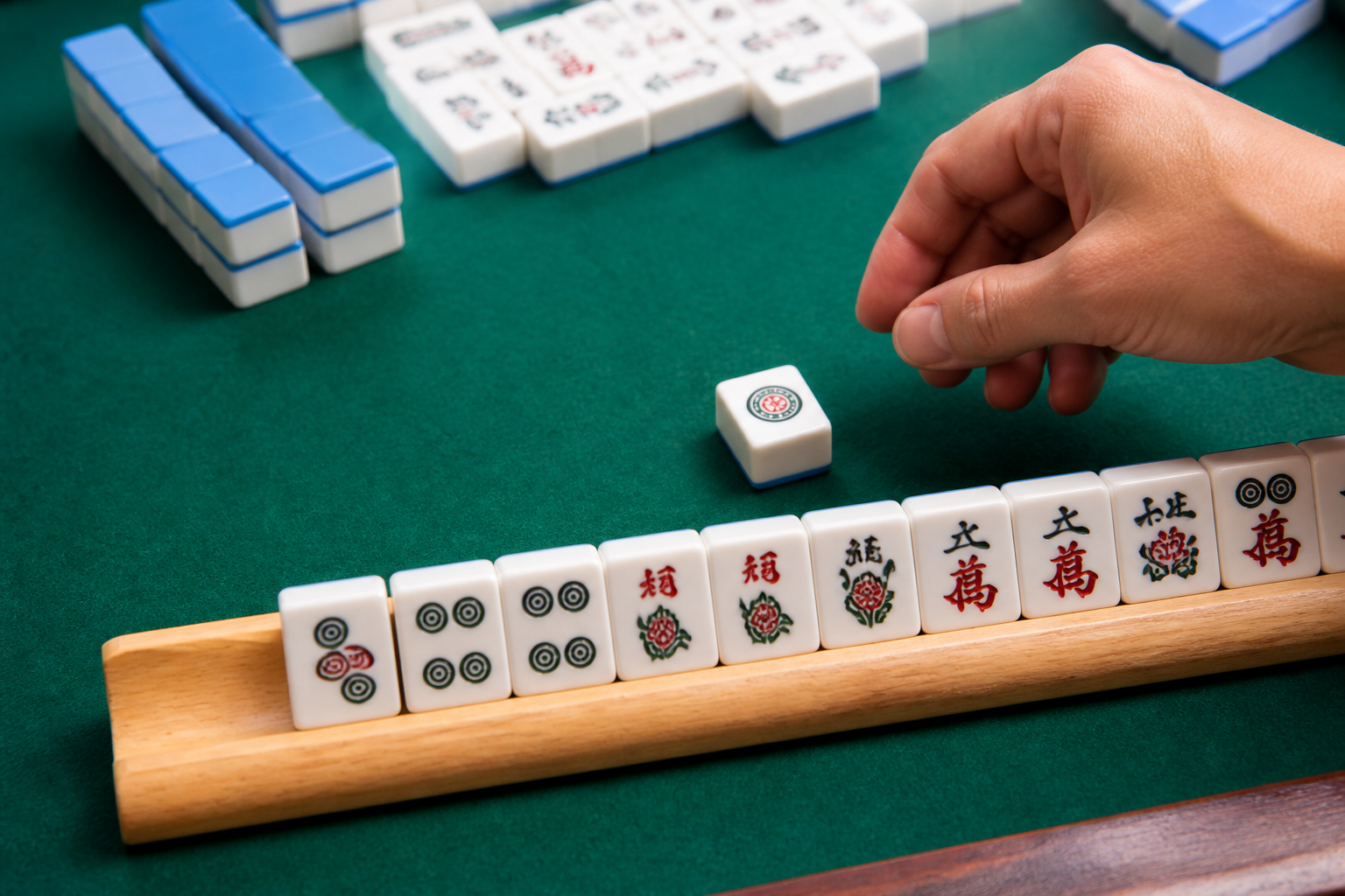 Drawn American Mahjong tile waiting beside a player rack