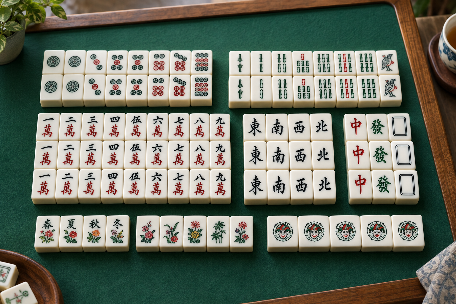 How many tiles are in a Mahjong set grouped on a green table