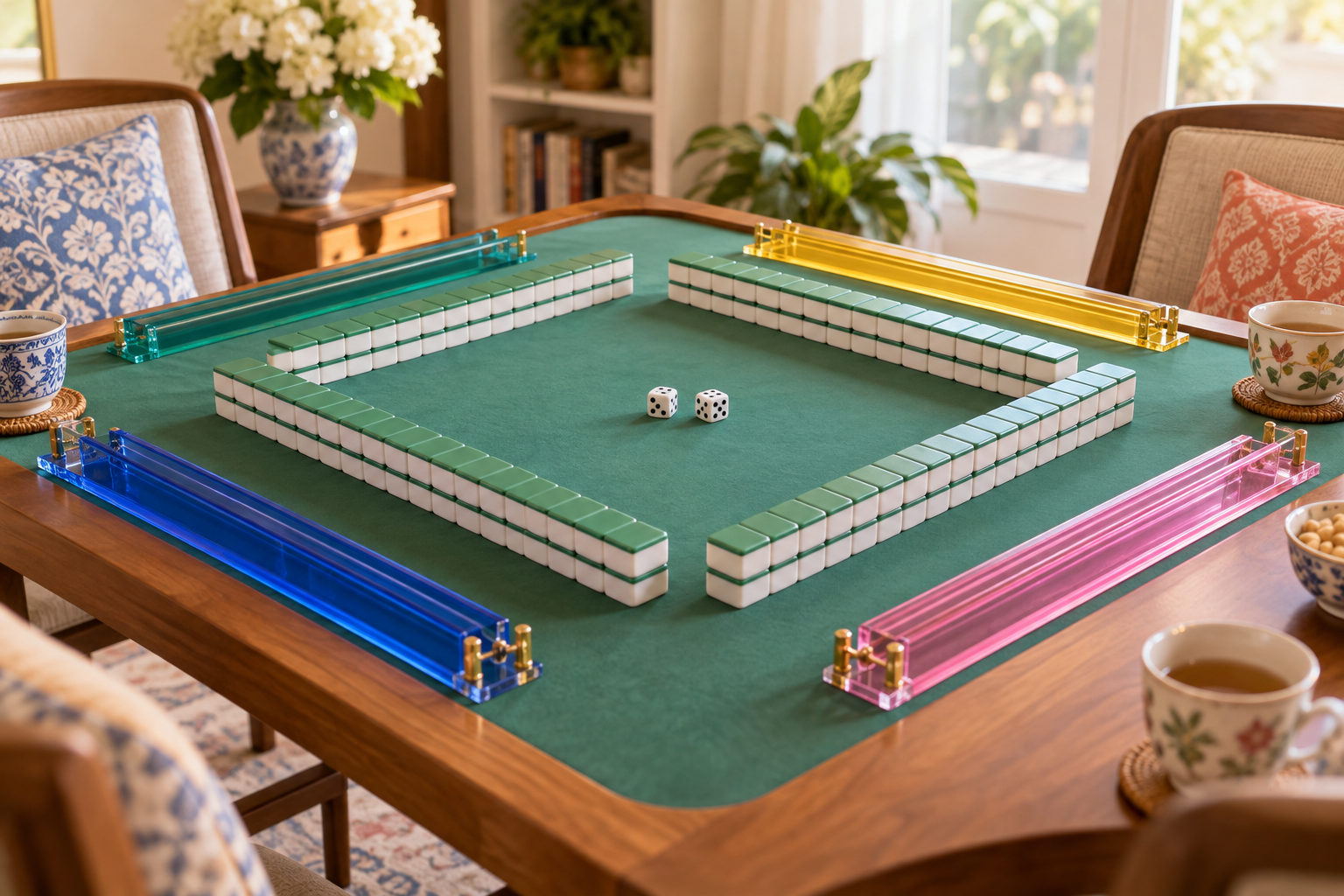 American Mahjong table prepared for dealing tiles