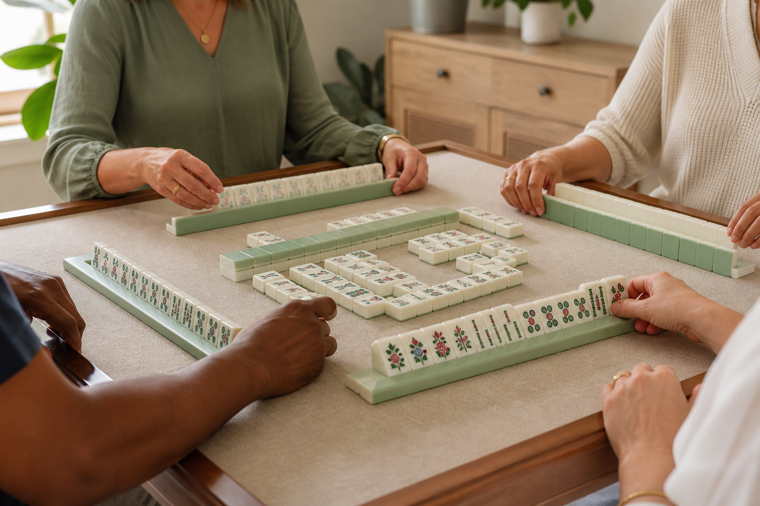 American Mahjong beginners gathered around a home game table